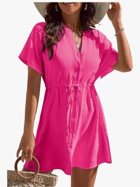 Women’s Pink V-Neck Button Front Swim Cover-Up Dress